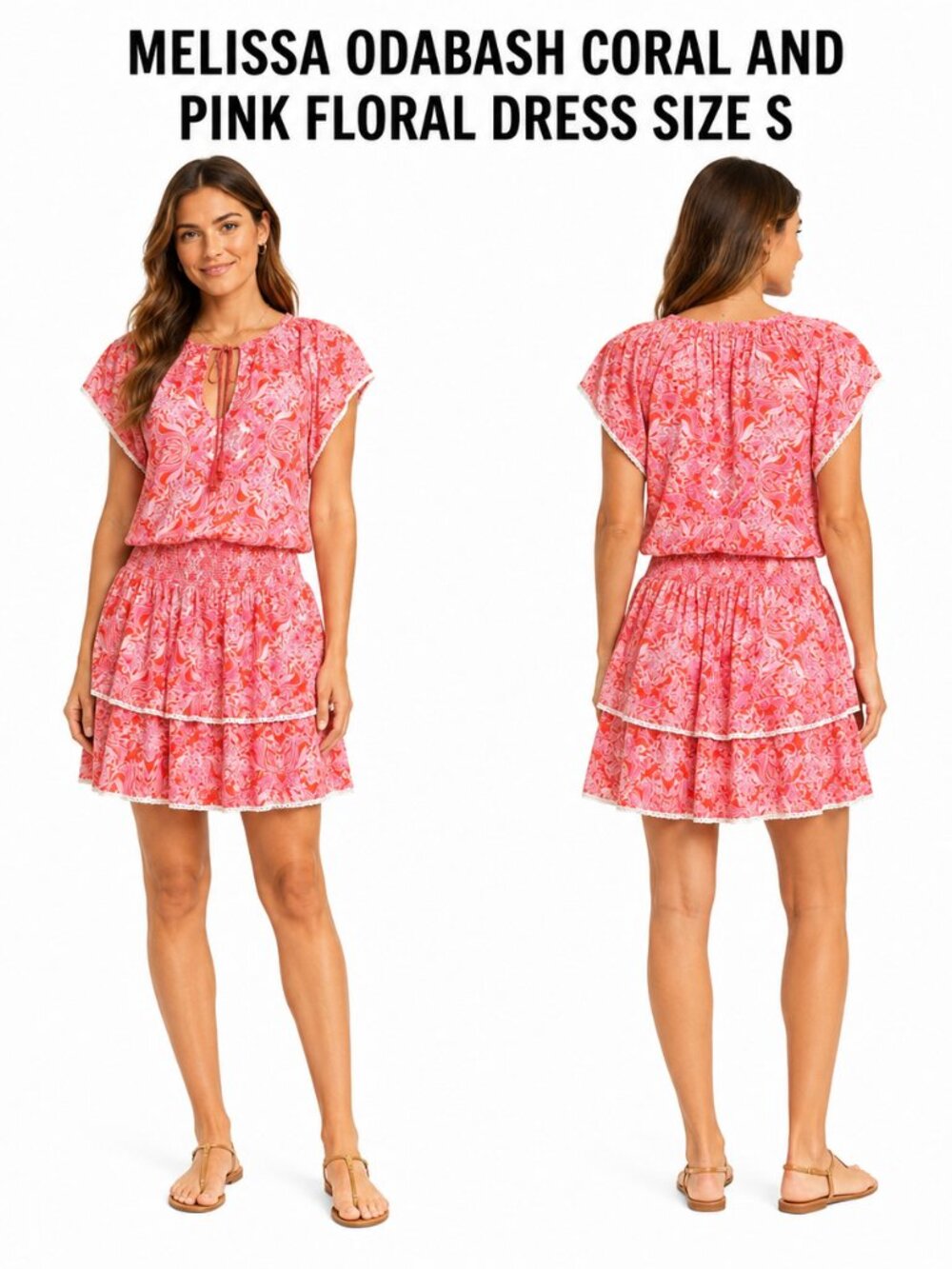 MELISSA ODABASH CORAL PINK FLORAL TIERED MINI DRESS SIZE S